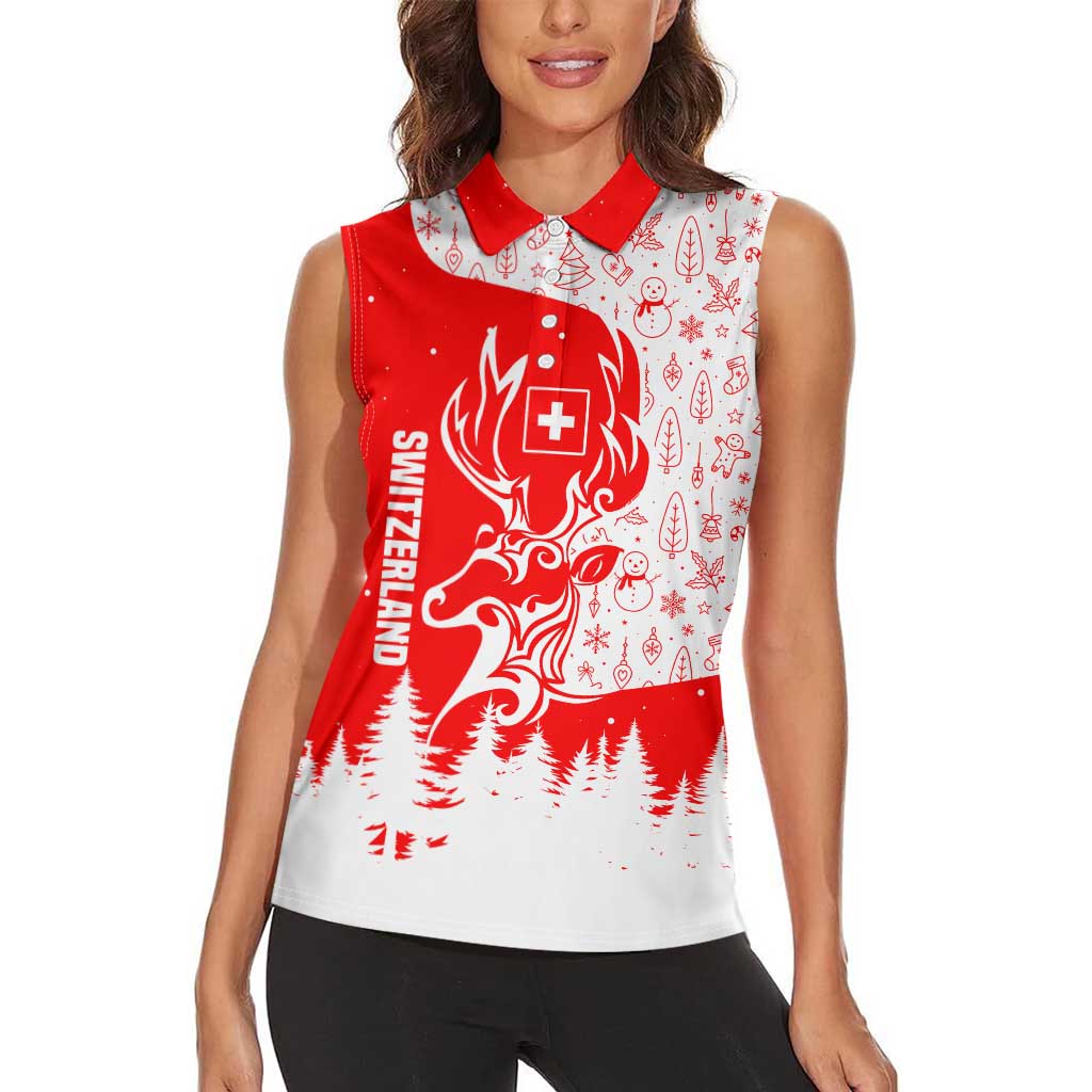 Switzerland Christmas Women Sleeveless Polo Shirt with Red Reindeer Snow Forest and Holiday Icon - Wonder Print Shop