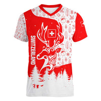 Switzerland Christmas Women V-Neck T-Shirt with Red Reindeer Snow Forest and Holiday Icon - Wonder Print Shop