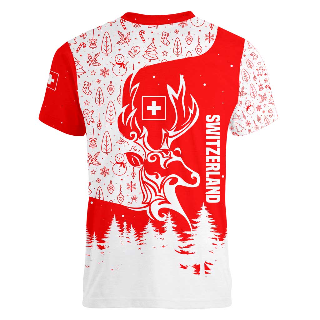 Switzerland Christmas Women V-Neck T-Shirt with Red Reindeer Snow Forest and Holiday Icon - Wonder Print Shop
