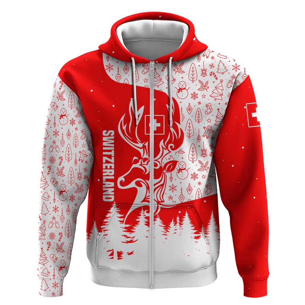 Switzerland Christmas Zip Hoodie with Red Reindeer Snow Forest and Holiday Icon - Wonder Print Shop