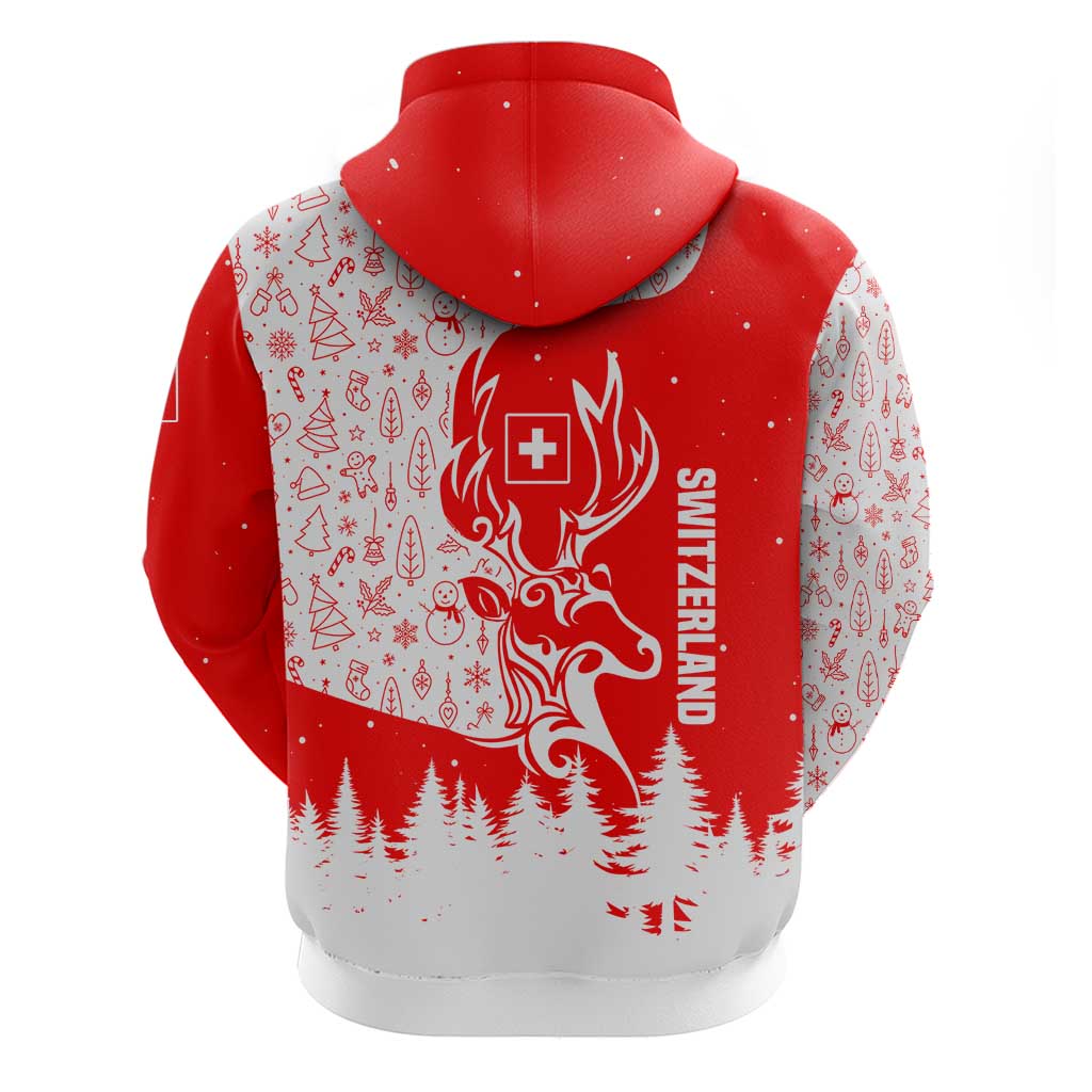 Switzerland Christmas Zip Hoodie with Red Reindeer Snow Forest and Holiday Icon - Wonder Print Shop