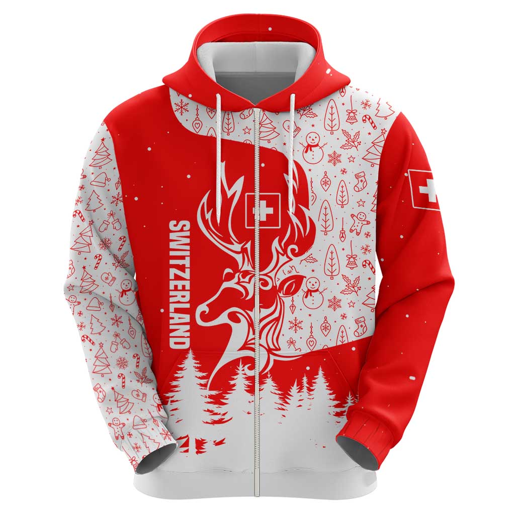 Switzerland Christmas Zip Hoodie with Red Reindeer Snow Forest and Holiday Icon - Wonder Print Shop