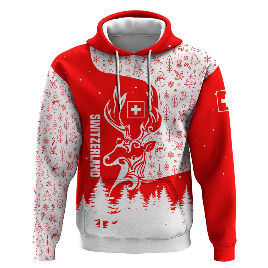 Switzerland Christmas Zip Hoodie with Red Reindeer Snow Forest and Holiday Icon - Wonder Print Shop