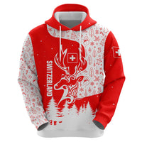 Switzerland Christmas Zip Hoodie with Red Reindeer Snow Forest and Holiday Icon - Wonder Print Shop