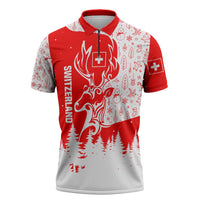Switzerland Christmas Zipper Polo Shirt with Red Reindeer Snow Forest and Holiday Icon - Wonder Print Shop