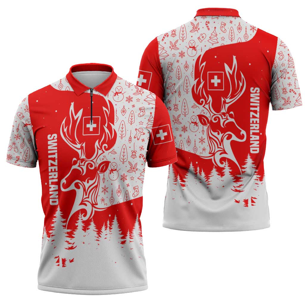 Switzerland Christmas Zipper Polo Shirt with Red Reindeer Snow Forest and Holiday Icon - Wonder Print Shop