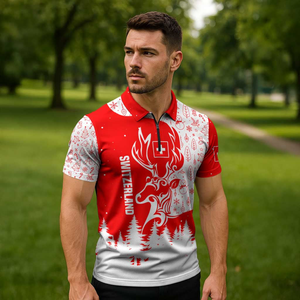 Switzerland Christmas Zipper Polo Shirt with Red Reindeer Snow Forest and Holiday Icon - Wonder Print Shop