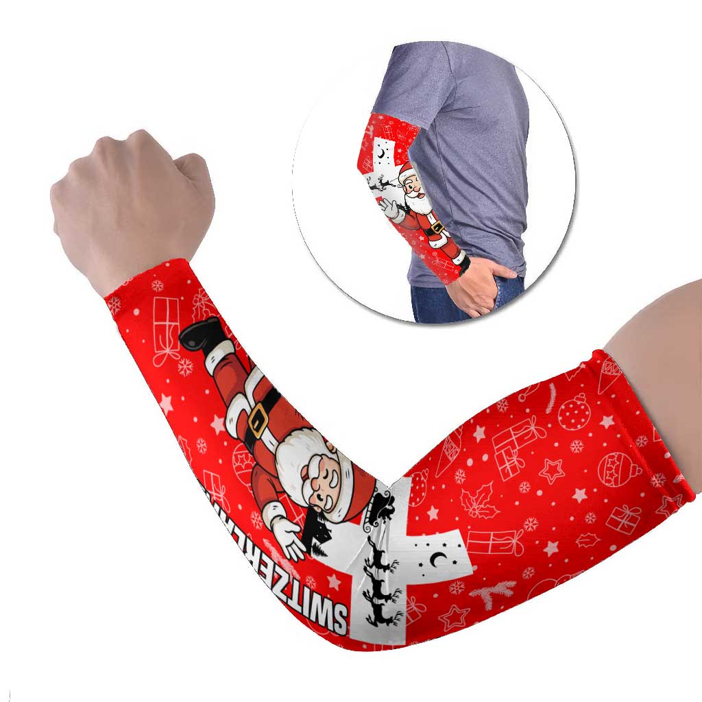 Switzerland Christmas Arm Sleeves with Santa Sleigh Silhouette and Red Holiday Icon - Wonder Print Shop