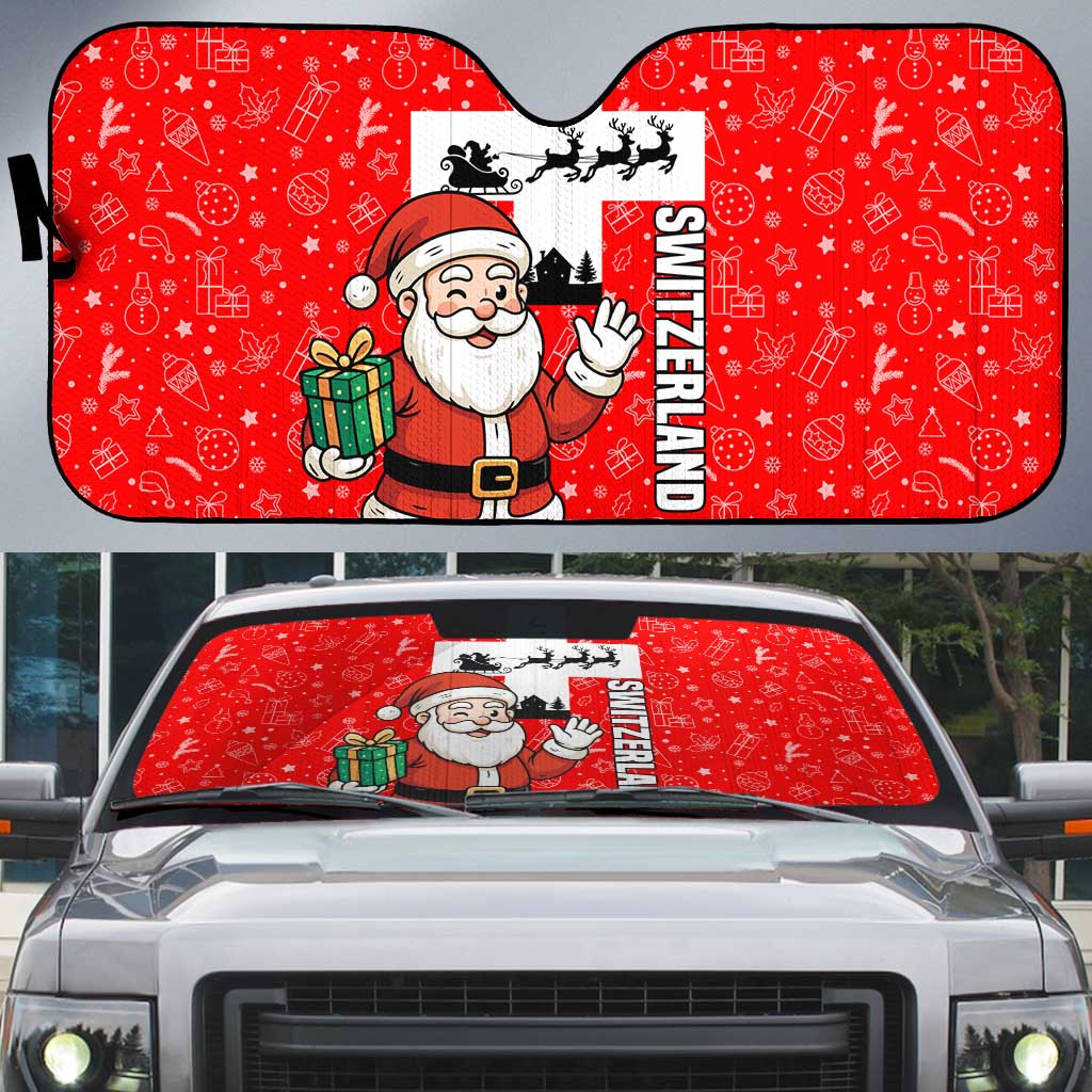 Switzerland Christmas Auto Sun Shade with Santa Sleigh Silhouette and Red Holiday Icon - Wonder Print Shop