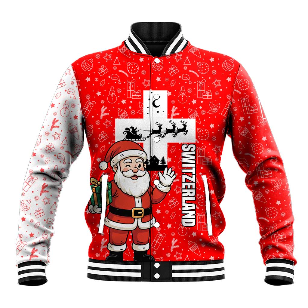 Switzerland Christmas Baseball Jacket with Santa Sleigh Silhouette and Red Holiday Icon - Wonder Print Shop