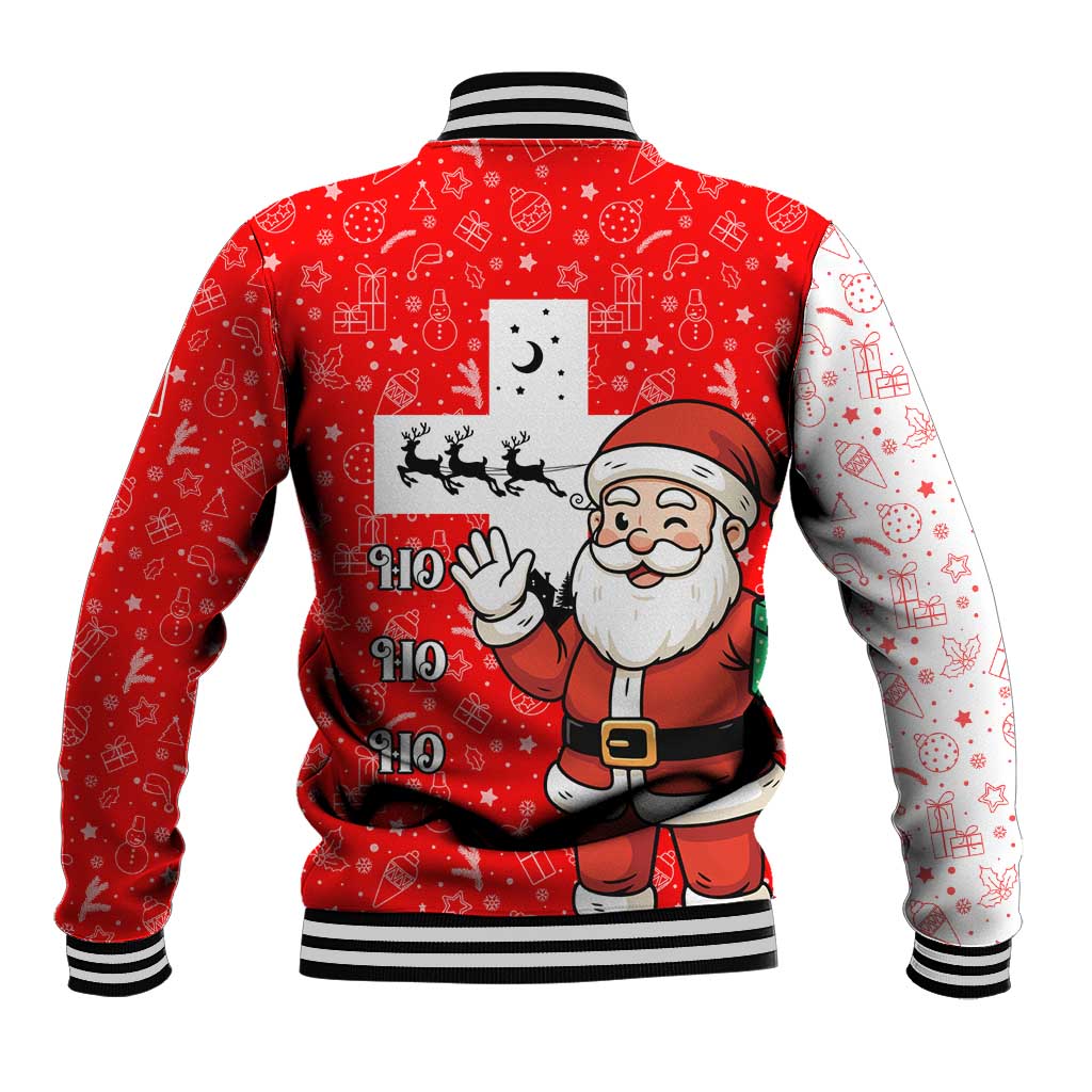 Switzerland Christmas Baseball Jacket with Santa Sleigh Silhouette and Red Holiday Icon - Wonder Print Shop