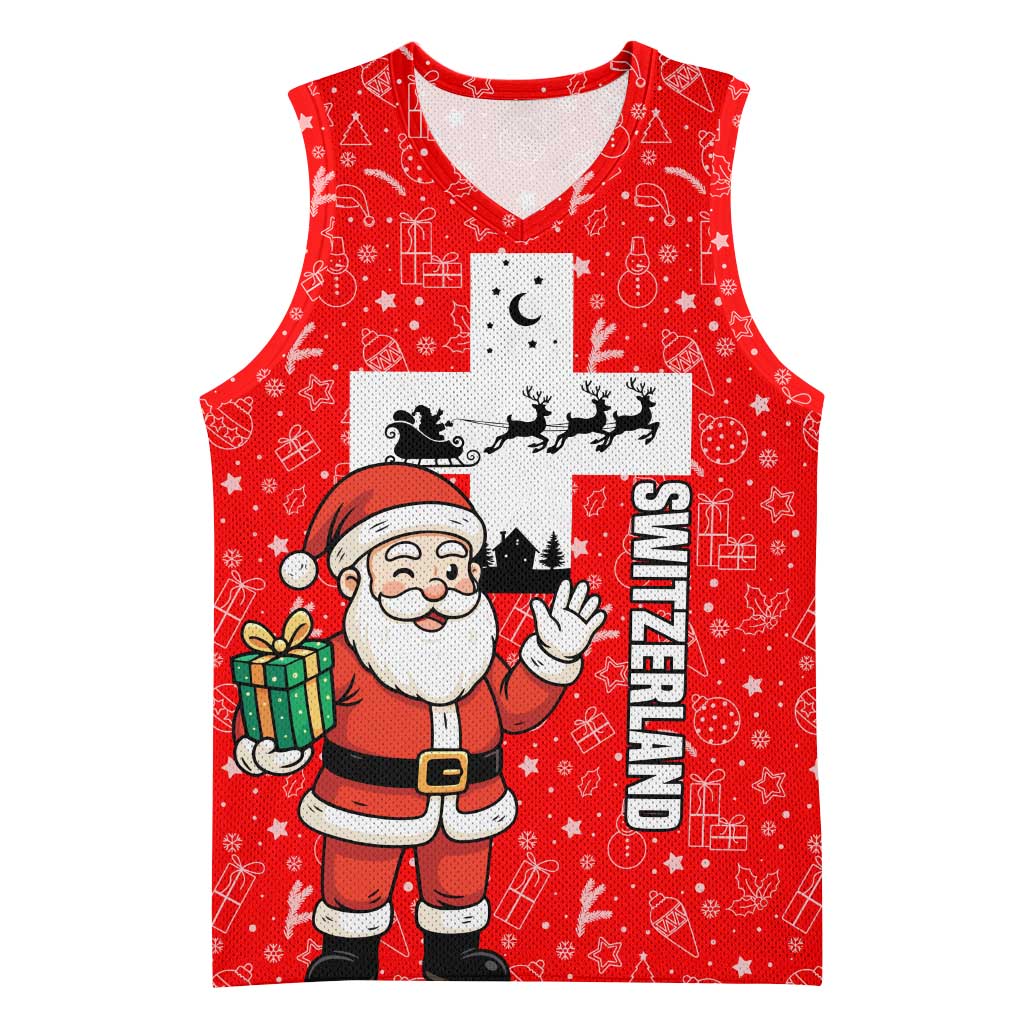 Switzerland Christmas Basketball Jersey with Santa Sleigh Silhouette and Red Holiday Icon - Wonder Print Shop