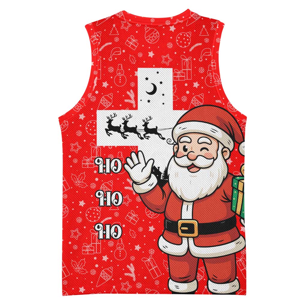 Switzerland Christmas Basketball Jersey with Santa Sleigh Silhouette and Red Holiday Icon - Wonder Print Shop