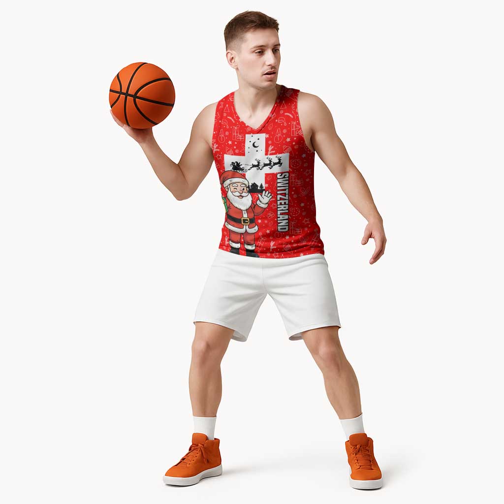 Switzerland Christmas Basketball Jersey with Santa Sleigh Silhouette and Red Holiday Icon - Wonder Print Shop
