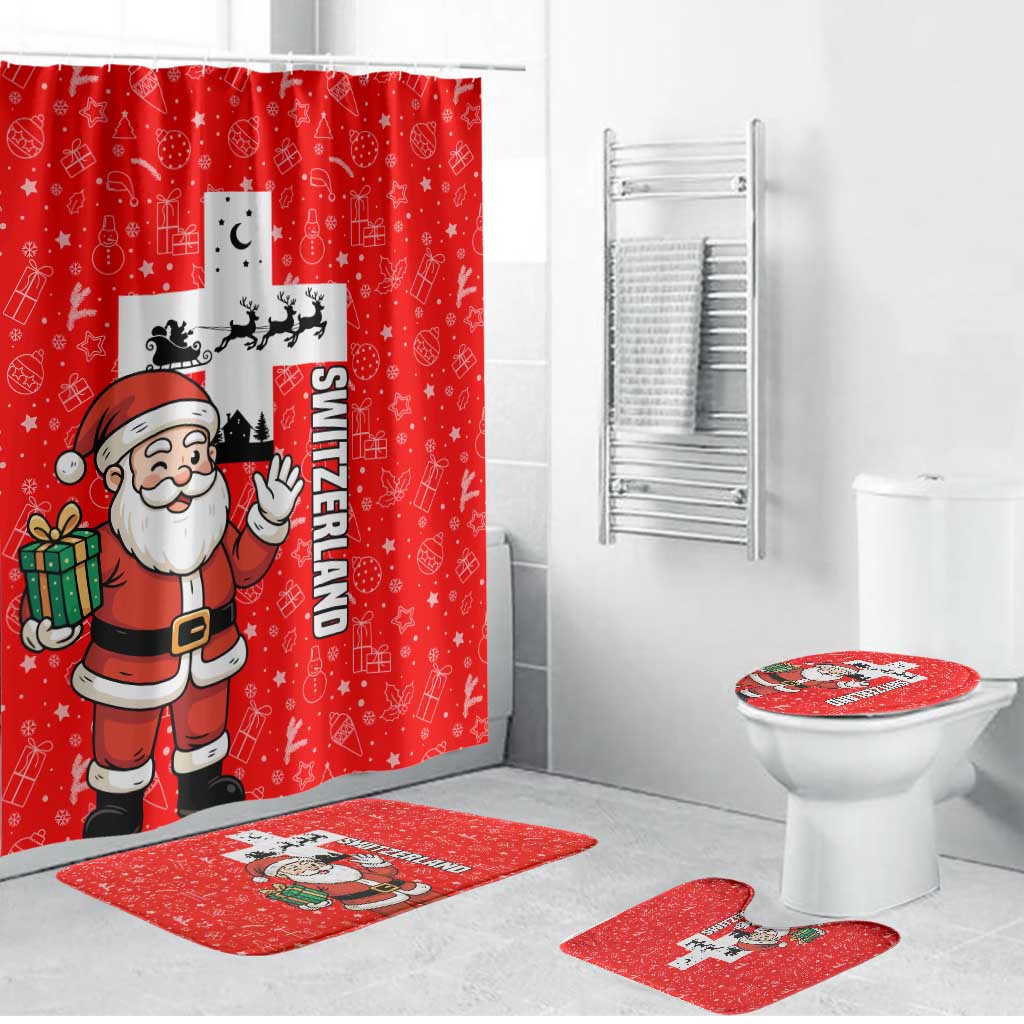 Switzerland Christmas Bathroom Set with Santa Sleigh Silhouette and Red Holiday Icon - Wonder Print Shop