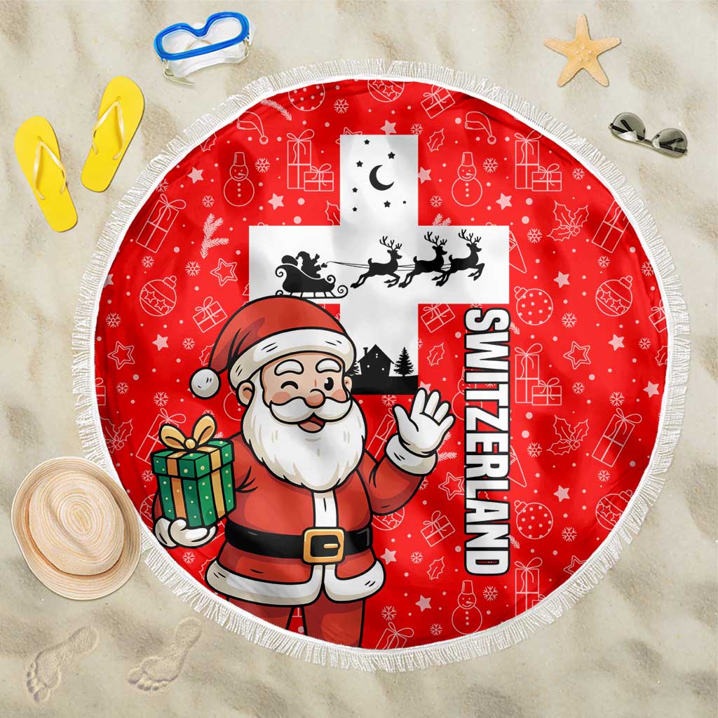 Switzerland Christmas Beach Blanket with Santa Sleigh Silhouette and Red Holiday Icon - Wonder Print Shop