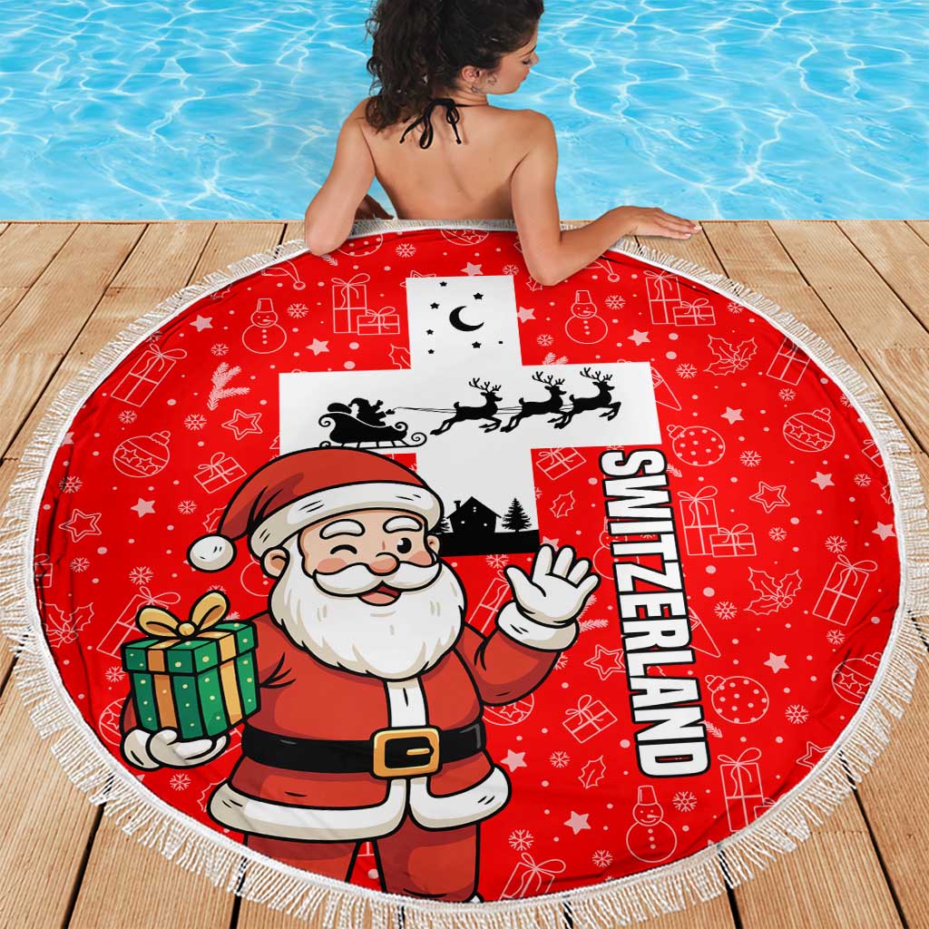 Switzerland Christmas Beach Blanket with Santa Sleigh Silhouette and Red Holiday Icon - Wonder Print Shop