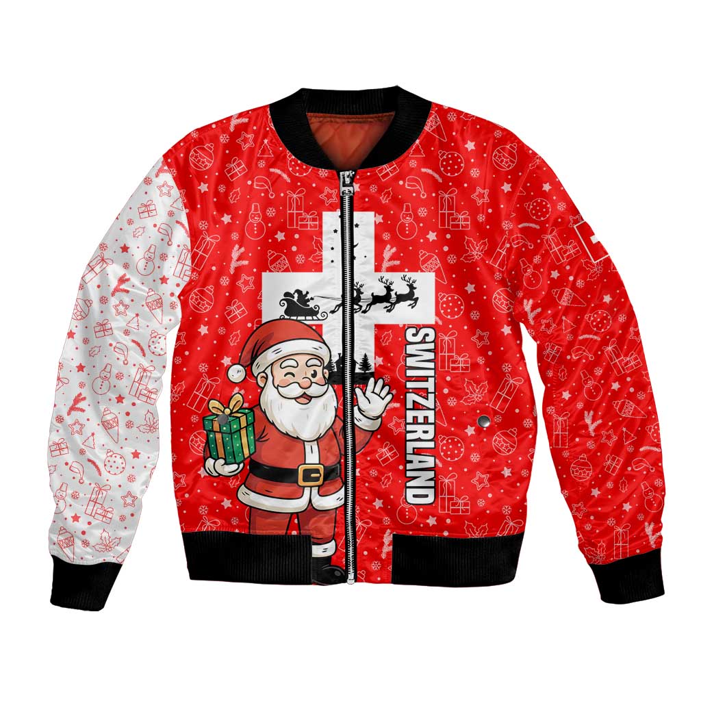 Switzerland Christmas Bomber Jacket with Santa Sleigh Silhouette and Red Holiday Icon - Wonder Print Shop