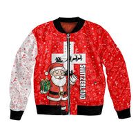 Switzerland Christmas Bomber Jacket with Santa Sleigh Silhouette and Red Holiday Icon - Wonder Print Shop