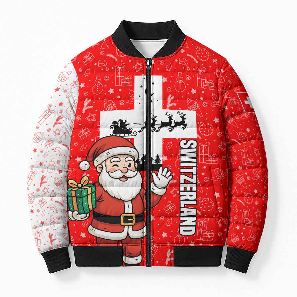 Switzerland Christmas Bomber Puffer Jacket with Santa Sleigh Silhouette and Red Holiday Icon - Wonder Print Shop