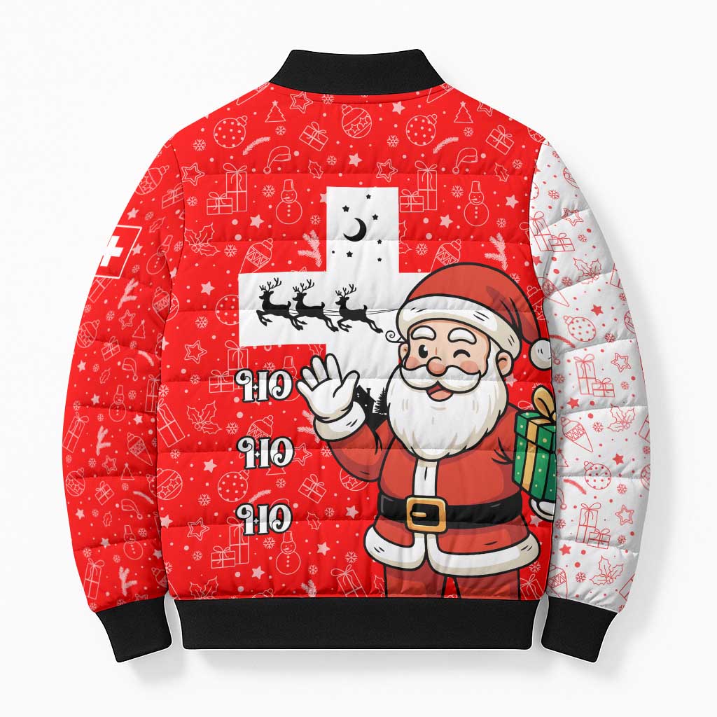 Switzerland Christmas Bomber Puffer Jacket with Santa Sleigh Silhouette and Red Holiday Icon - Wonder Print Shop