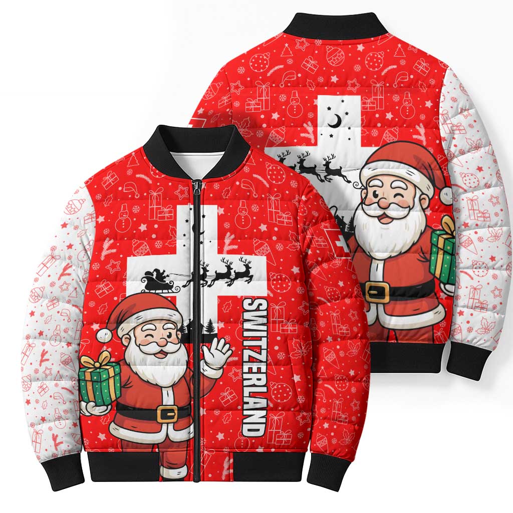 Switzerland Christmas Bomber Puffer Jacket with Santa Sleigh Silhouette and Red Holiday Icon - Wonder Print Shop