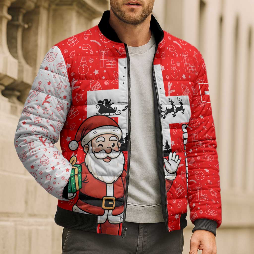 Switzerland Christmas Bomber Puffer Jacket with Santa Sleigh Silhouette and Red Holiday Icon - Wonder Print Shop
