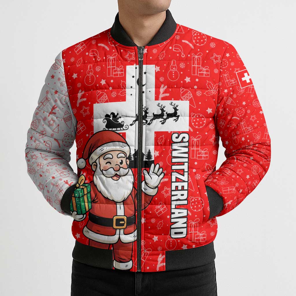 Switzerland Christmas Bomber Puffer Jacket with Santa Sleigh Silhouette and Red Holiday Icon - Wonder Print Shop