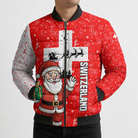 Switzerland Christmas Bomber Puffer Jacket with Santa Sleigh Silhouette and Red Holiday Icon - Wonder Print Shop