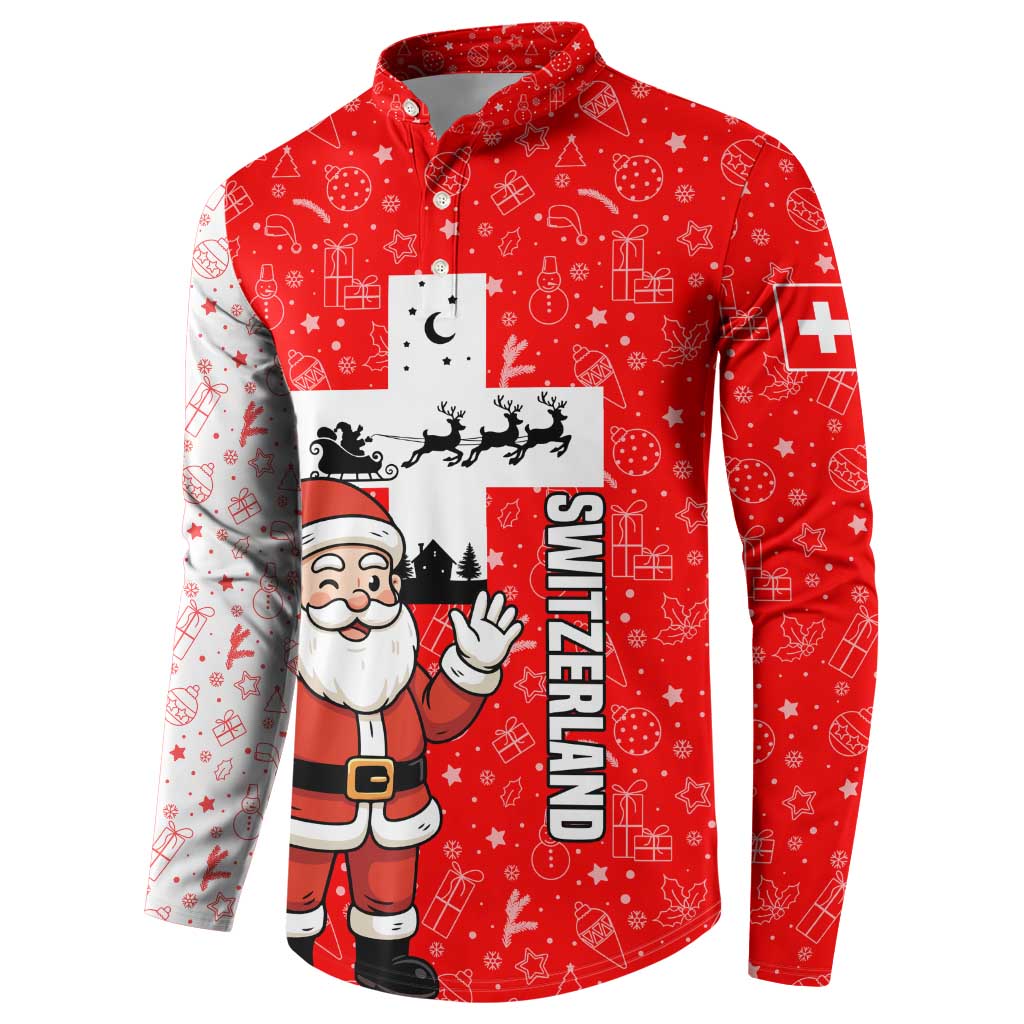 Switzerland Christmas Button Sweatshirt with Santa Sleigh Silhouette and Red Holiday Icon - Wonder Print Shop