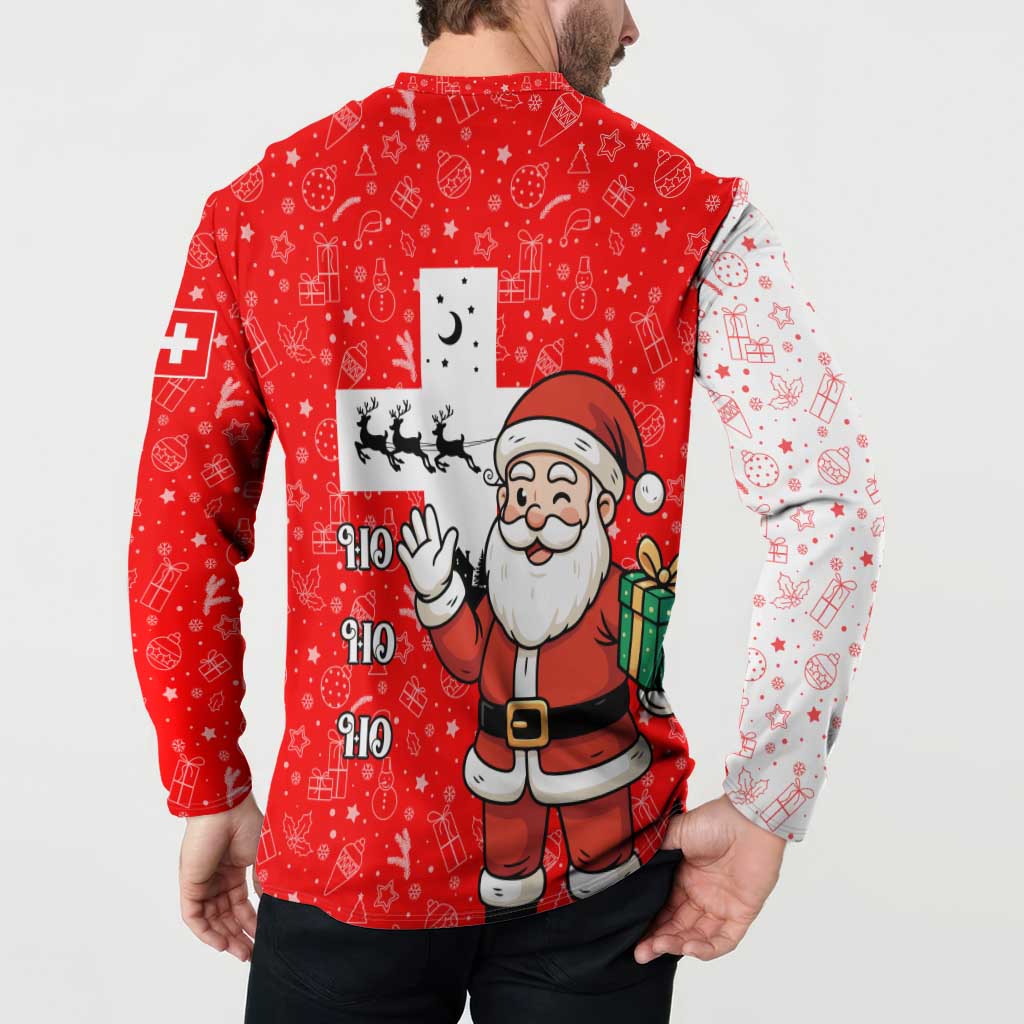 Switzerland Christmas Button Sweatshirt with Santa Sleigh Silhouette and Red Holiday Icon - Wonder Print Shop