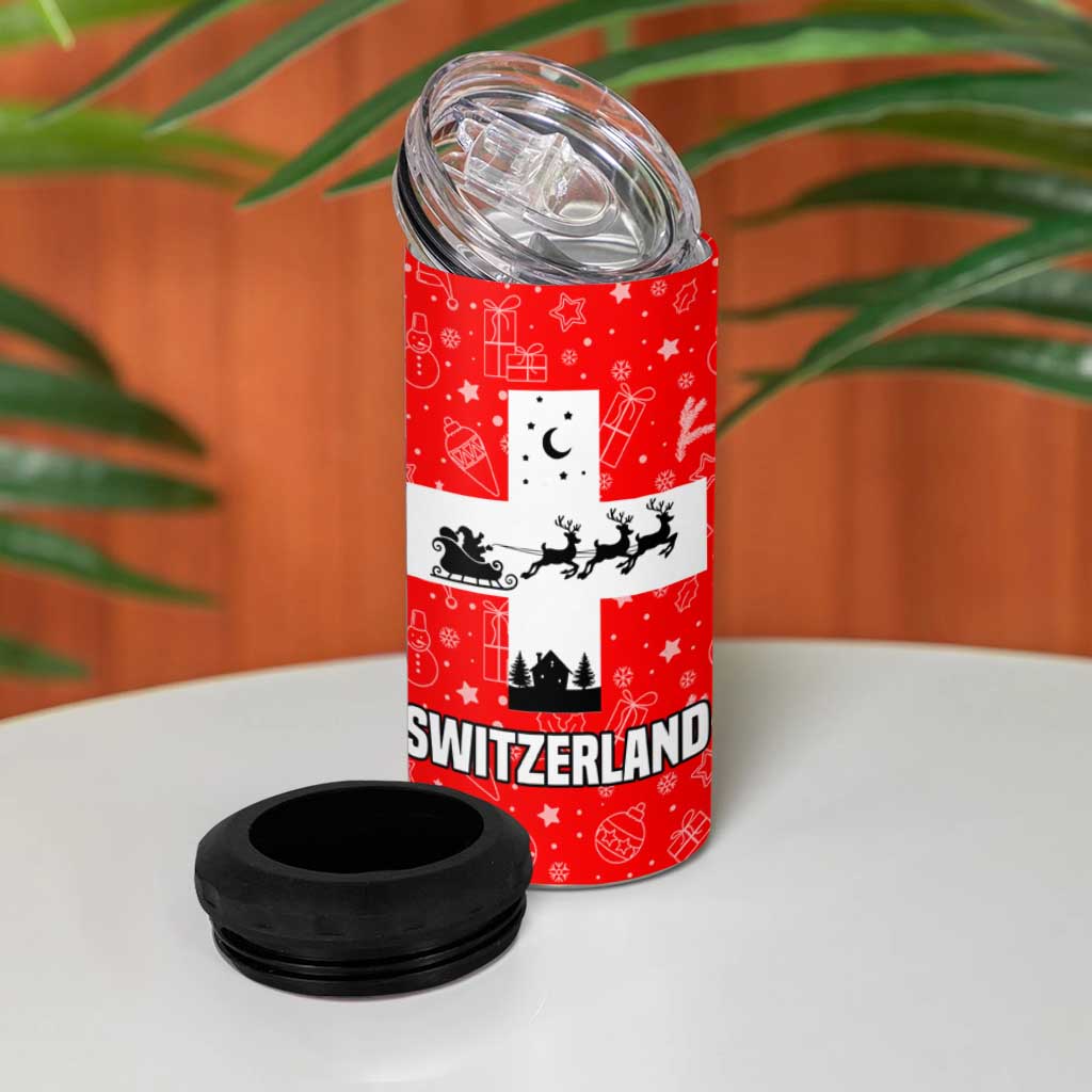 Switzerland Christmas 4 in 1 Can Cooler Tumbler with Santa Sleigh Silhouette and Red Holiday Icon - Wonder Print Shop