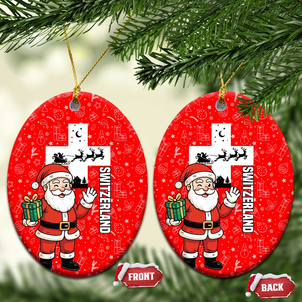 Switzerland Christmas Ceramic Ornament with Santa Sleigh Silhouette and Red Holiday Icon - Wonder Print Shop