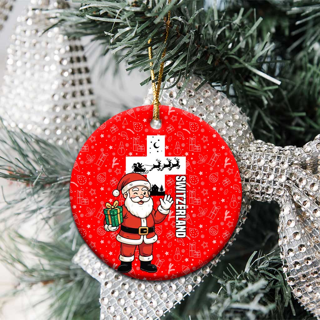 Switzerland Christmas Ceramic Ornament with Santa Sleigh Silhouette and Red Holiday Icon - Wonder Print Shop