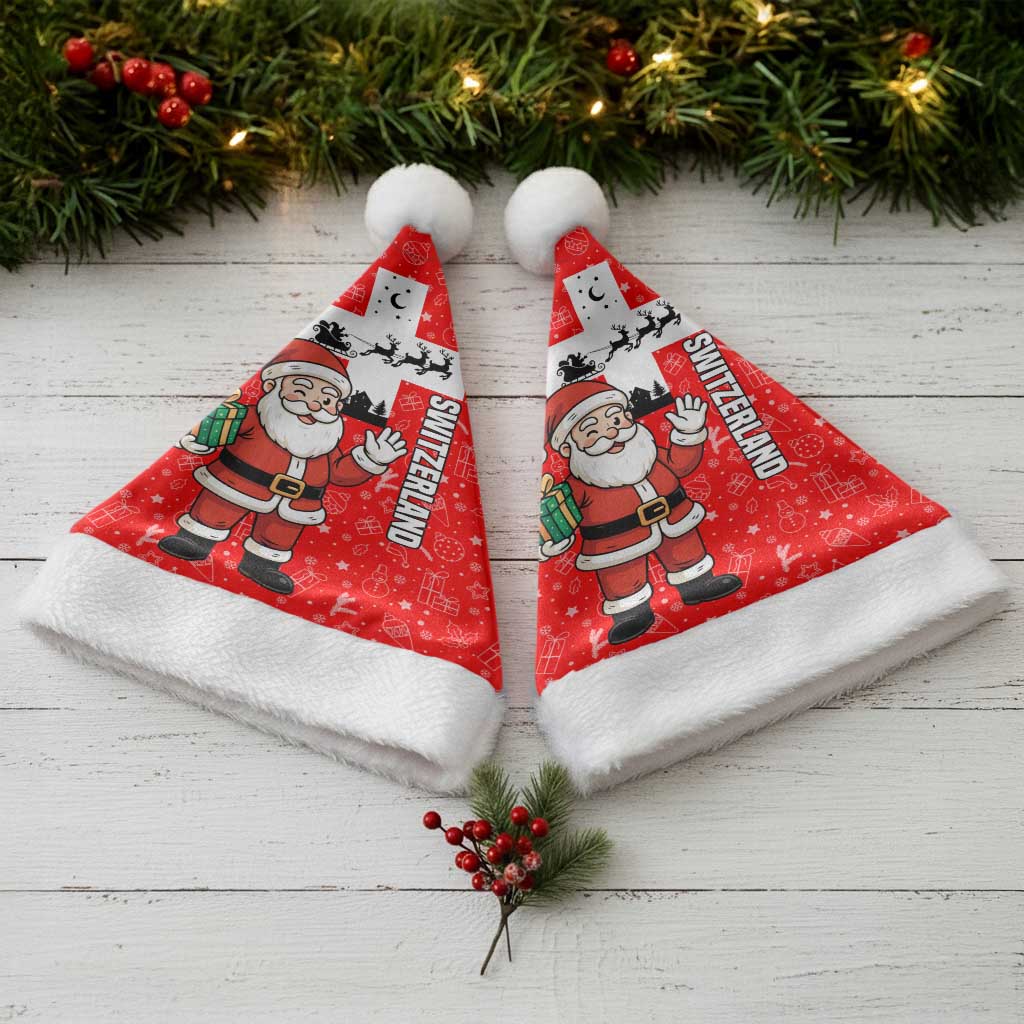 Switzerland Christmas Santa Hat with Santa Sleigh Silhouette and Red Holiday Icon - Wonder Print Shop