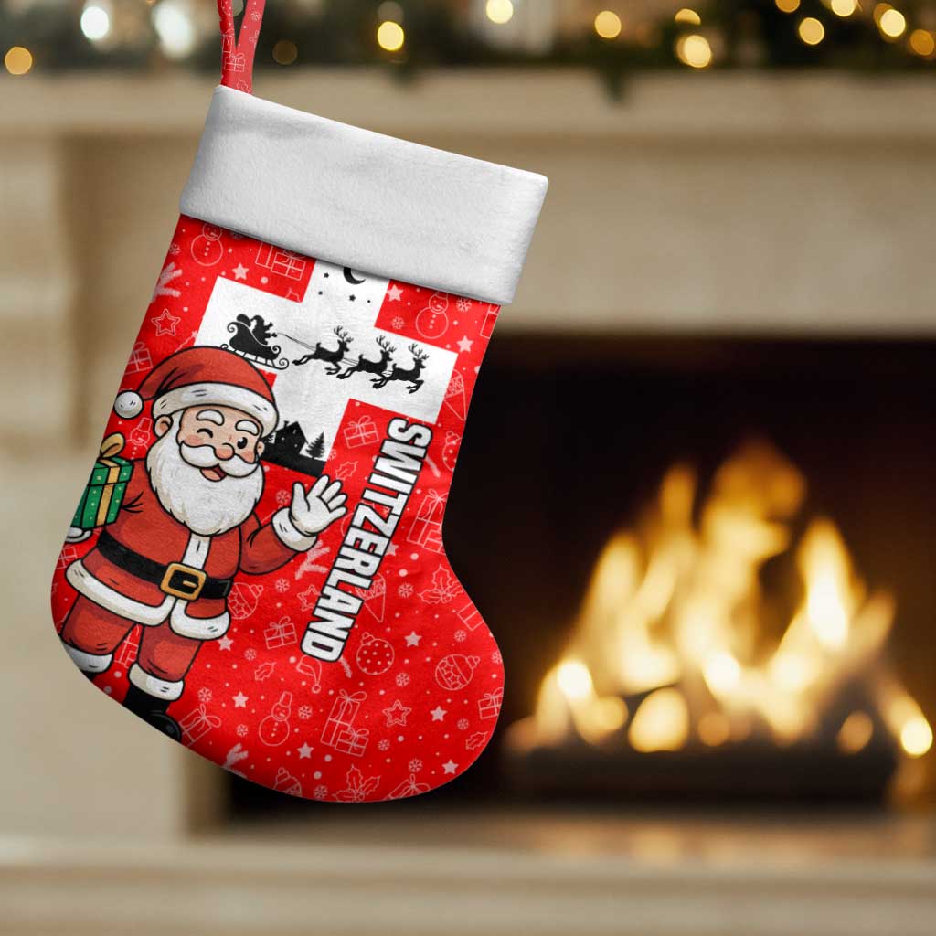 Switzerland Christmas Stocking with Santa Sleigh Silhouette and Red Holiday Icon - Wonder Print Shop
