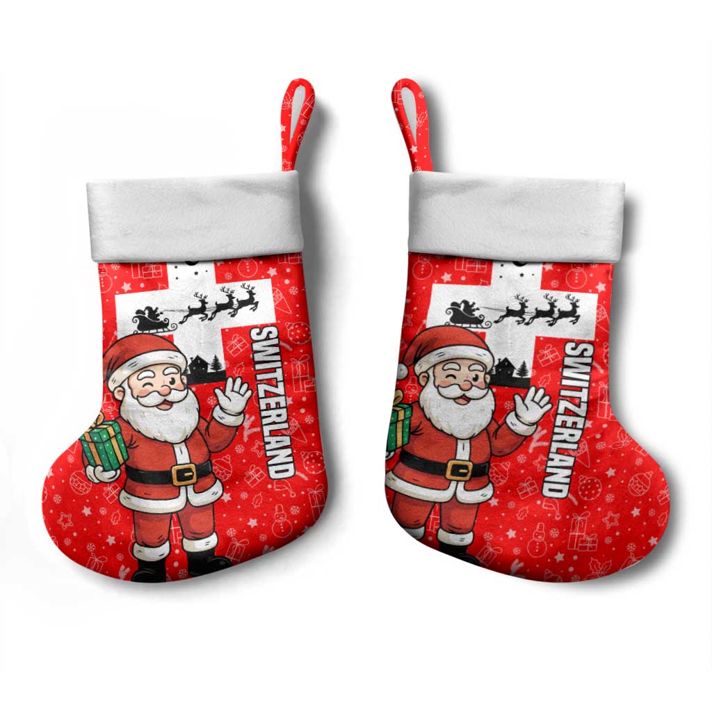 Switzerland Christmas Stocking with Santa Sleigh Silhouette and Red Holiday Icon - Wonder Print Shop