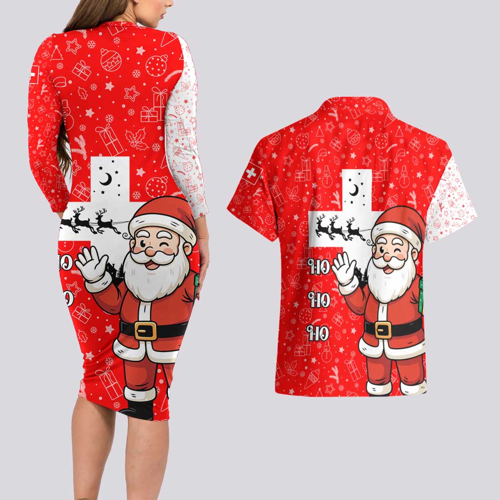 Switzerland Christmas Couples Matching Long Sleeve Bodycon Dress and Hawaiian Shirt with Santa Sleigh Silhouette and Red Holiday Icon - Wonder Print Shop