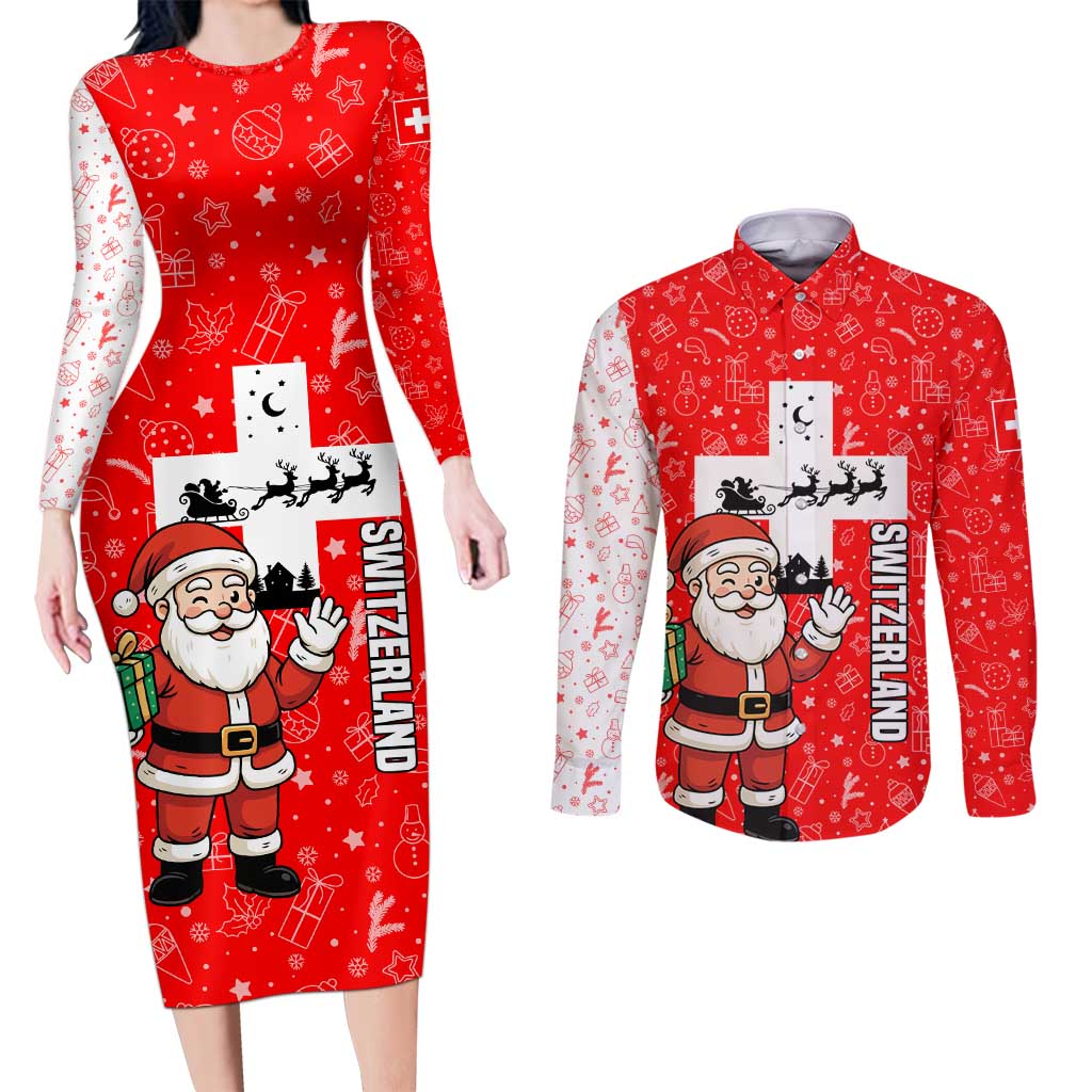 Switzerland Christmas Couples Matching Long Sleeve Bodycon Dress and Long Sleeve Button Shirt with Santa Sleigh Silhouette and Red Holiday Icon - Wonder Print Shop