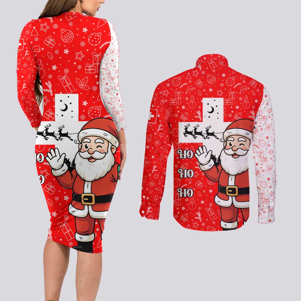 Switzerland Christmas Couples Matching Long Sleeve Bodycon Dress and Long Sleeve Button Shirt with Santa Sleigh Silhouette and Red Holiday Icon - Wonder Print Shop