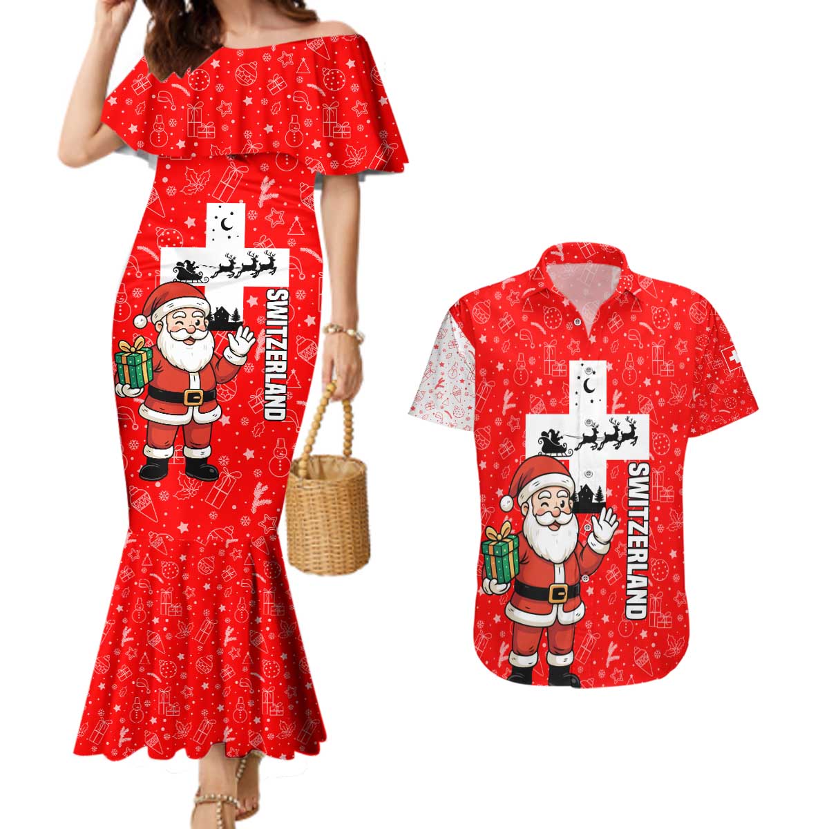 Switzerland Christmas Couples Matching Mermaid Dress and Hawaiian Shirt with Santa Sleigh Silhouette and Red Holiday Icon - Wonder Print Shop