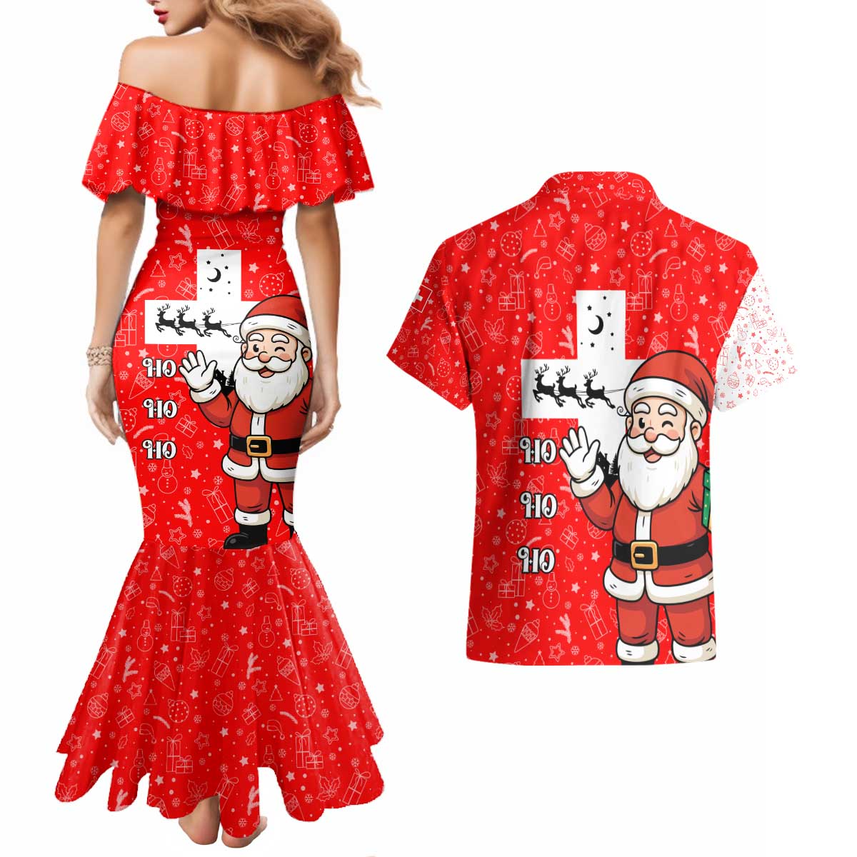 Switzerland Christmas Couples Matching Mermaid Dress and Hawaiian Shirt with Santa Sleigh Silhouette and Red Holiday Icon - Wonder Print Shop