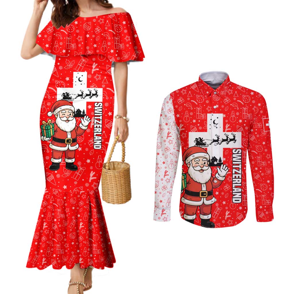 Switzerland Christmas Couples Matching Mermaid Dress and Long Sleeve Button Shirt with Santa Sleigh Silhouette and Red Holiday Icon - Wonder Print Shop