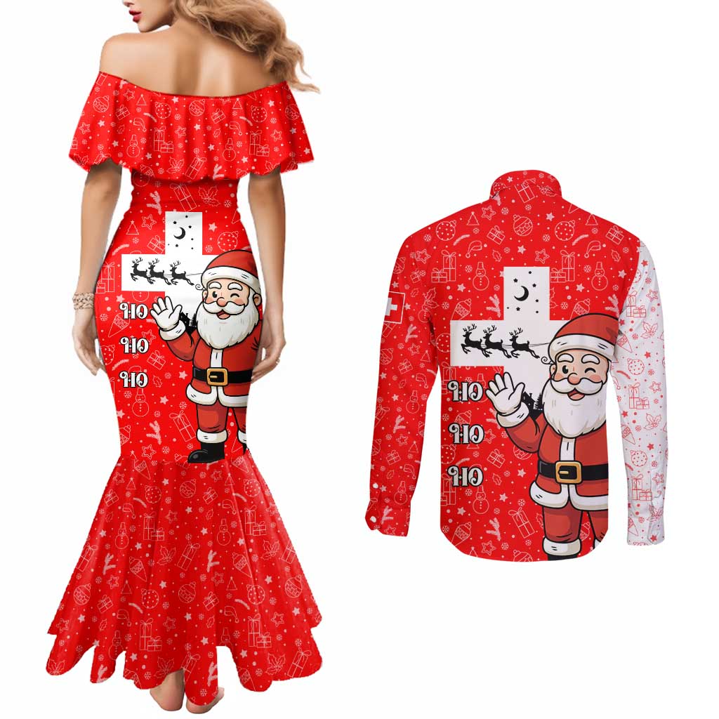 Switzerland Christmas Couples Matching Mermaid Dress and Long Sleeve Button Shirt with Santa Sleigh Silhouette and Red Holiday Icon - Wonder Print Shop