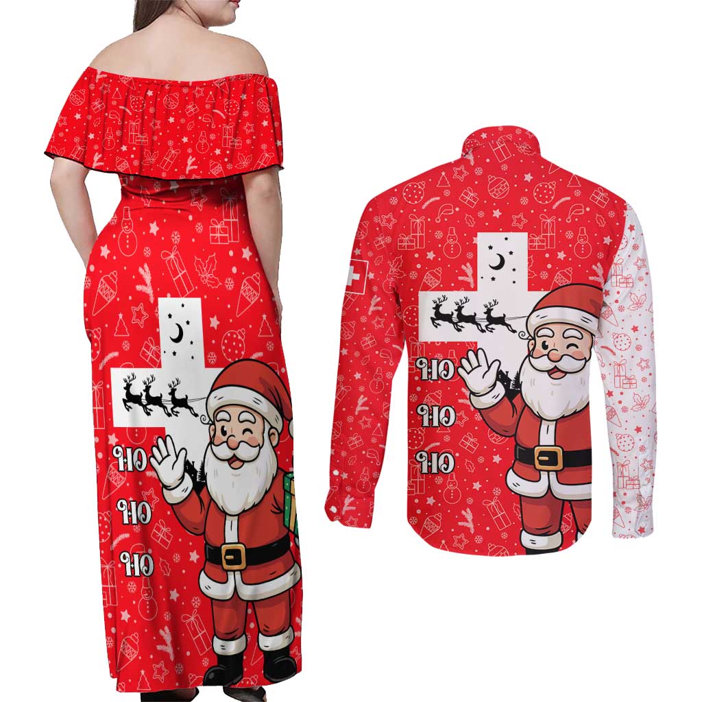 Switzerland Christmas Couples Matching Off Shoulder Maxi Dress and Long Sleeve Button Shirt with Santa Sleigh Silhouette and Red Holiday Icon - Wonder Print Shop