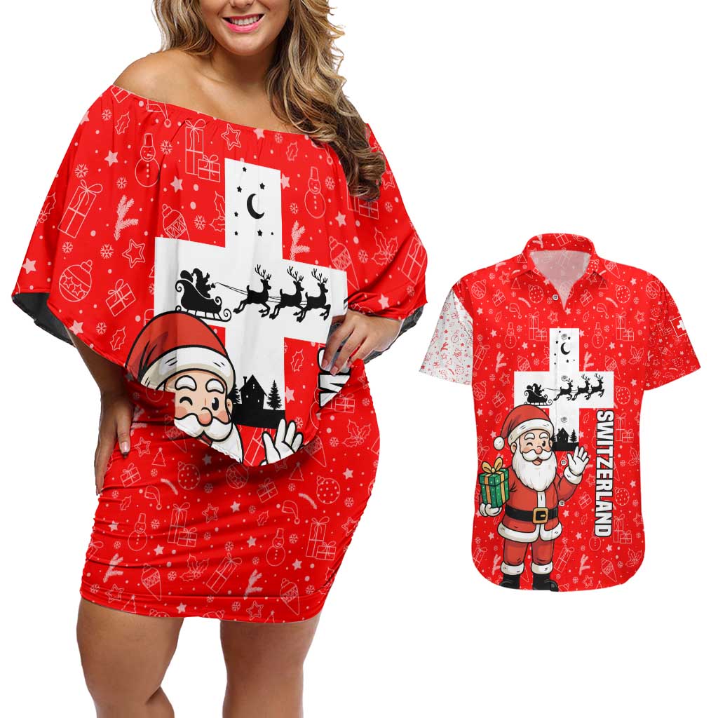 Switzerland Christmas Couples Matching Off Shoulder Short Dress and Hawaiian Shirt with Santa Sleigh Silhouette and Red Holiday Icon - Wonder Print Shop