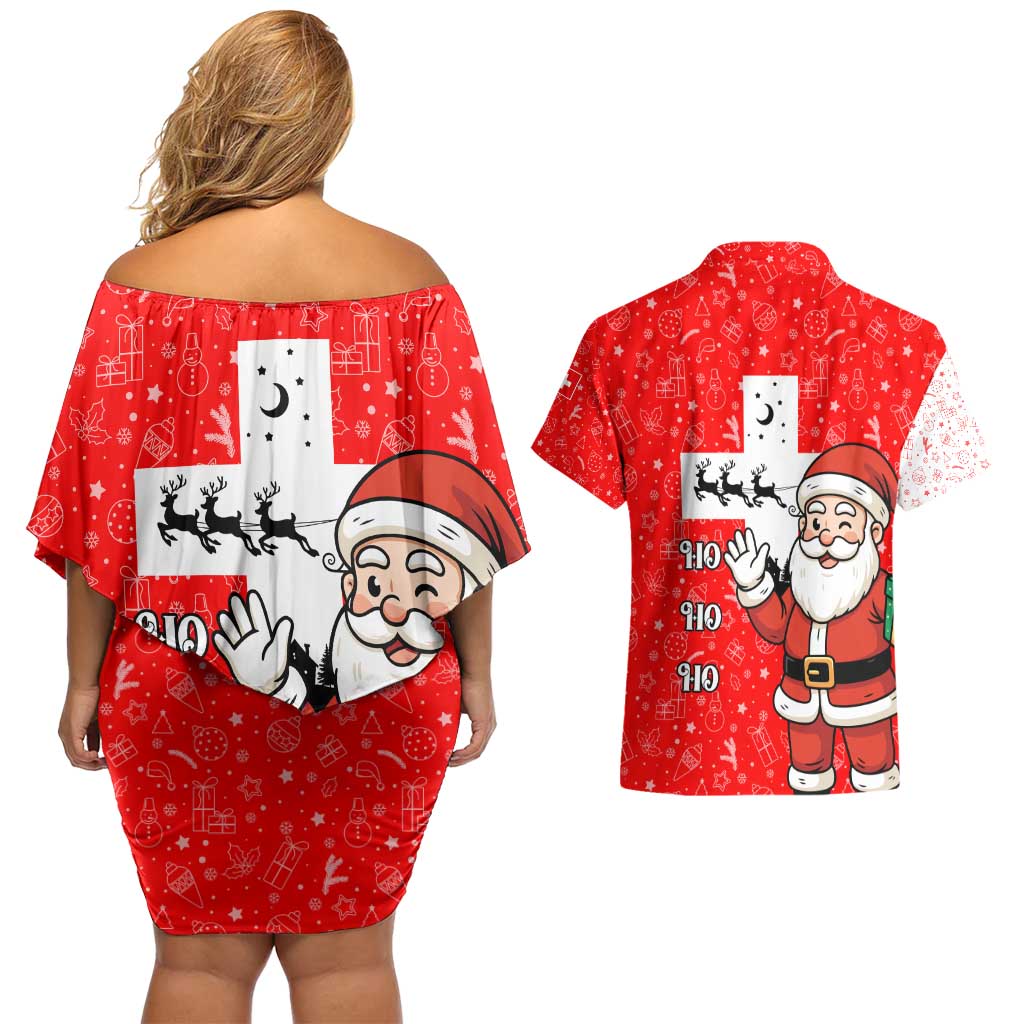 Switzerland Christmas Couples Matching Off Shoulder Short Dress and Hawaiian Shirt with Santa Sleigh Silhouette and Red Holiday Icon - Wonder Print Shop