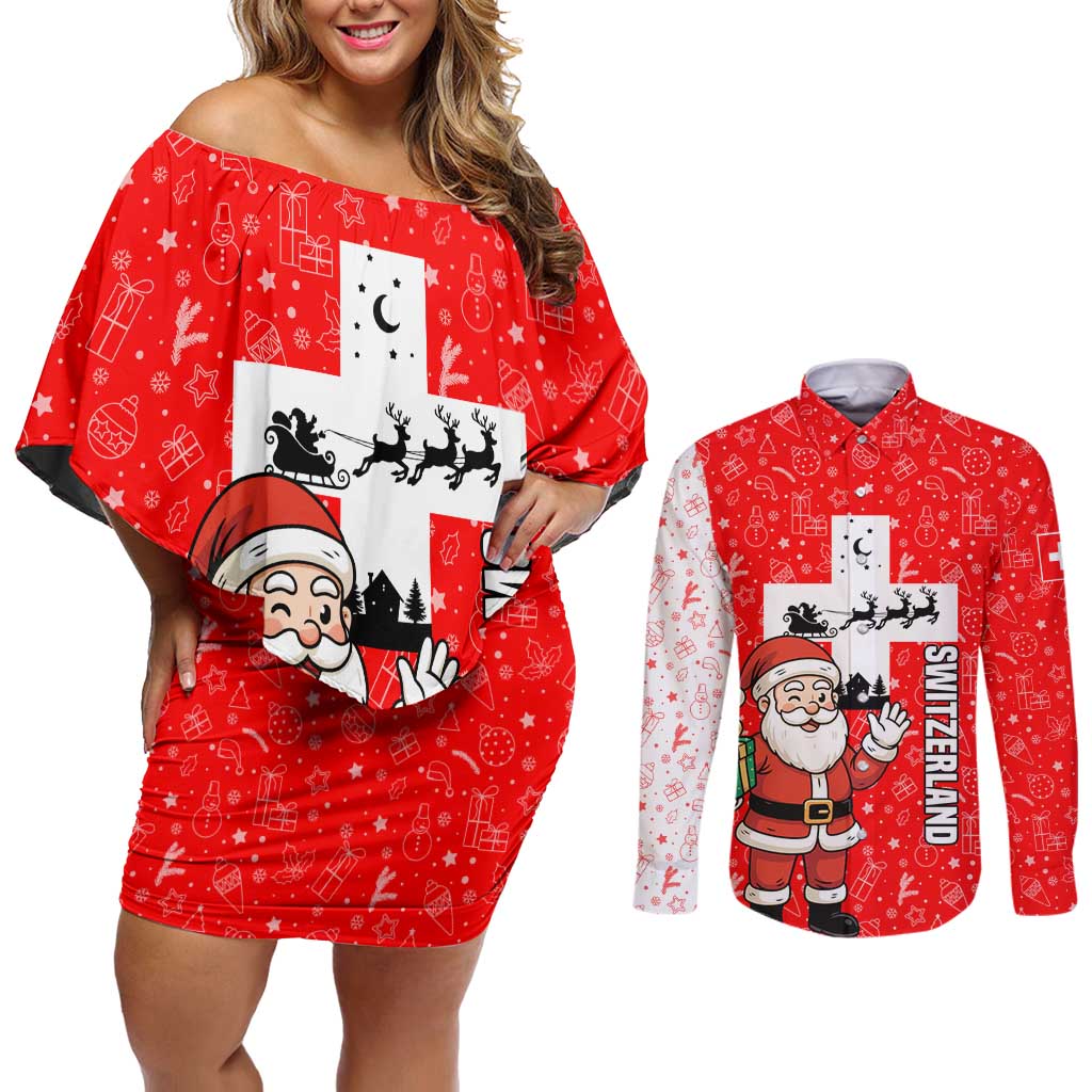 Switzerland Christmas Couples Matching Off Shoulder Short Dress and Long Sleeve Button Shirt with Santa Sleigh Silhouette and Red Holiday Icon - Wonder Print Shop