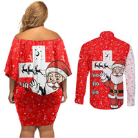 Switzerland Christmas Couples Matching Off Shoulder Short Dress and Long Sleeve Button Shirt with Santa Sleigh Silhouette and Red Holiday Icon - Wonder Print Shop