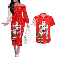 Switzerland Christmas Couples Matching Off The Shoulder Long Sleeve Dress and Hawaiian Shirt with Santa Sleigh Silhouette and Red Holiday Icon - Wonder Print Shop